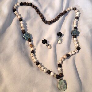 Artisan Howlite, Amazonite, Ceramic, and Wood Necklace and Earring Set
